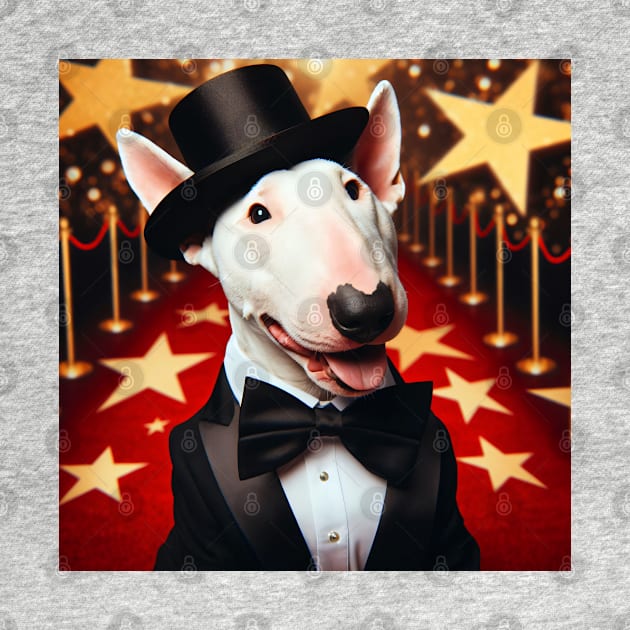 Happy bull terrier wearing tuxedo and hat in front of stars by nicecorgi